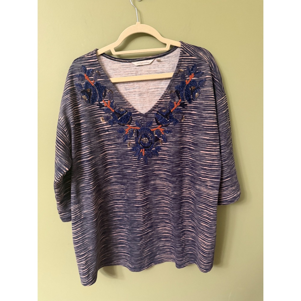 Soft Surroundings 1X Blue Striped Embroidered V-Neck Knit Top Sequin Bead